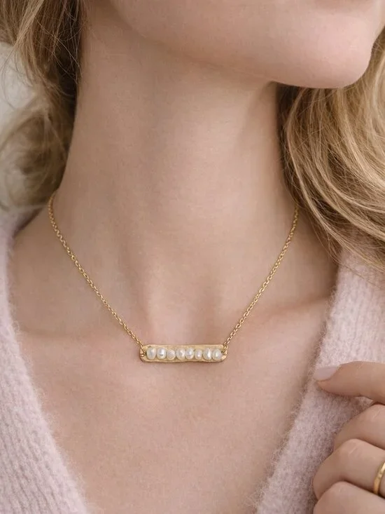 Refined! Genuine Freshwater Pearl Bar Necklace — Gold Minimalist Statement - Picture 2 of 2